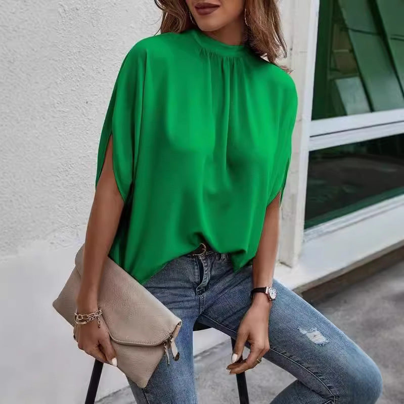Women Summer Casual Fashion Solid Color Bat Sleeve Blouse