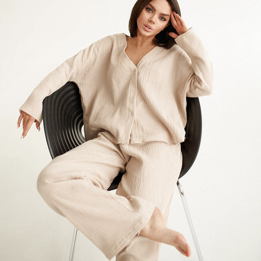 Women Fashion Casual Loose Solid Color Cotton Blouse Top Pants Home Pajamas Two-Piece Set