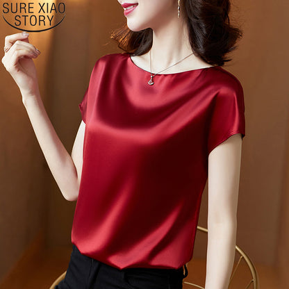 Office Women Basic Elegant Summer Short Sleeves Fashion Solid Color Casual Loose Satin Blouse