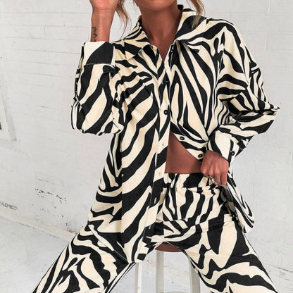 Women Fashion Casual Stripe Print Long Sleeve Blouse Pants Set