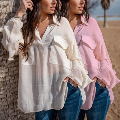 Women Fashion Casual Long-Sleeved V Neck Pullover Solid Color Cotton And Linen Blouse