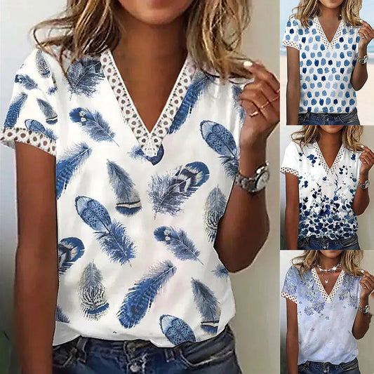 Women Casual Summer V-Neck Lace Feather Floral Printed Short-Sleeved Blouse