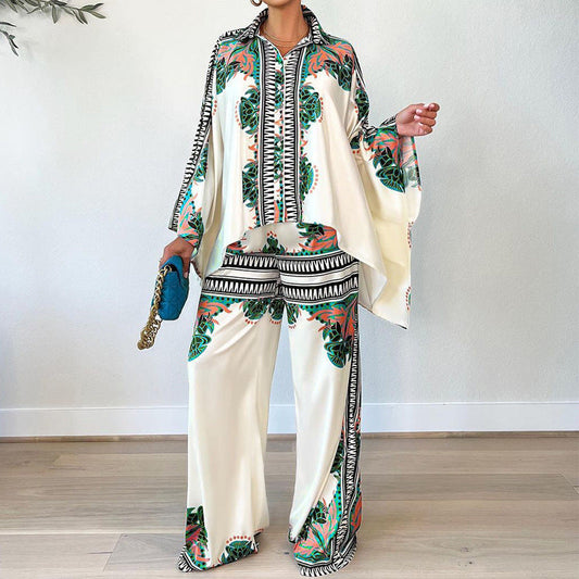 Women Summer Casual Printed Bat Sleeve Blouse Loose Pants Two-Piece Set