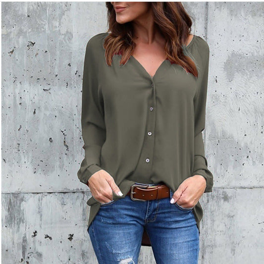 Women Casual V-Neck Button Long-Sleeved Loose Chiffon Blouse