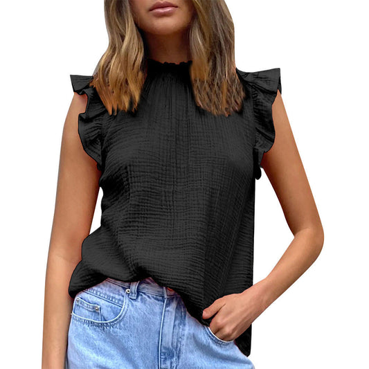 Women Fashion Casual Chiffon Solid Color Stitching Ruffled Sleeveless Blouse