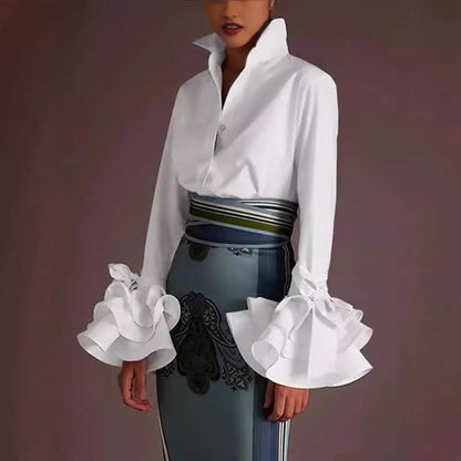 Women Casual Solid Color Lotus Leaf Sleeve Blouse