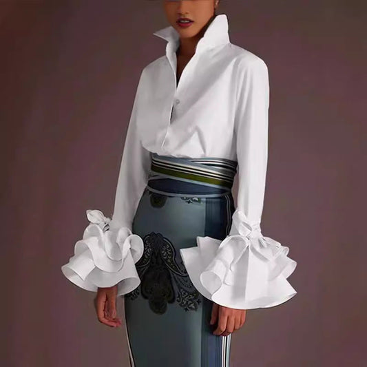 Women Casual Solid Color Lotus Leaf Sleeve Blouse