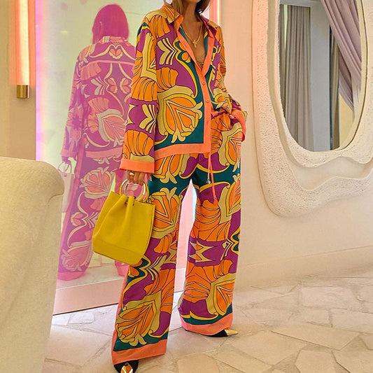 Women Fashion Casual Printing Long Sleeve Shirt Blouse Trousers Ethnic Style Suit