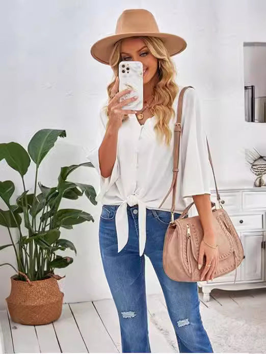 Women Fashion Casual Solid Color V-Neck Button Lace-Up Blouse