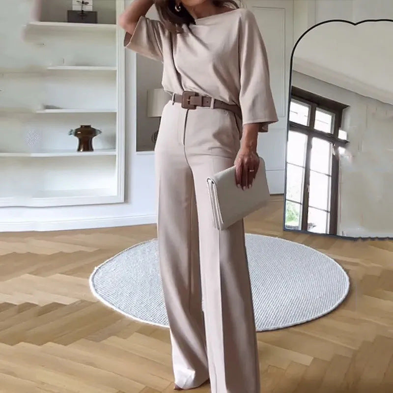 Summer Spring Casual Solid Color Blouse Pants Set