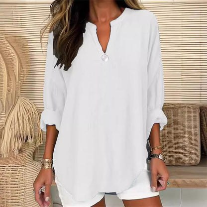 Women Casual Solid Color V-Neck One-Button Loose Blouse