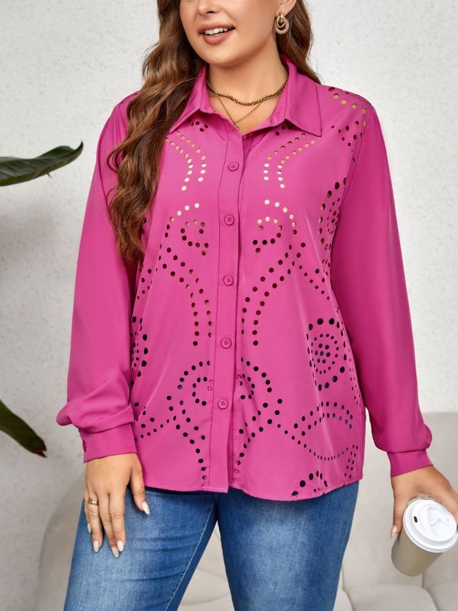 Women Plus Size Casual Office Elegant Hollow Shirt Loose Comfortable Lapel Solid Color Blouse