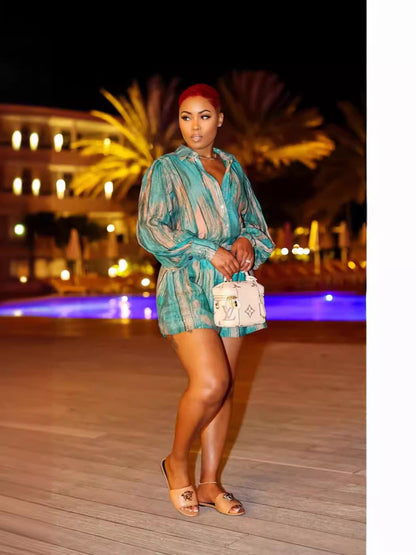 Women Fashion Casual Printed Lapel Long-Sleeve Blouse Loose Shorts Two-Piece Set