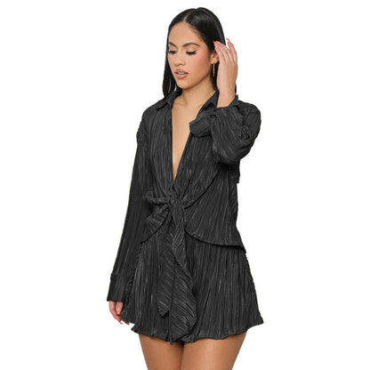 Women Casual Knotted Hemline Long-Sleeved Fashion Pleated Blouse Shorts Two-Piece Vacation Set