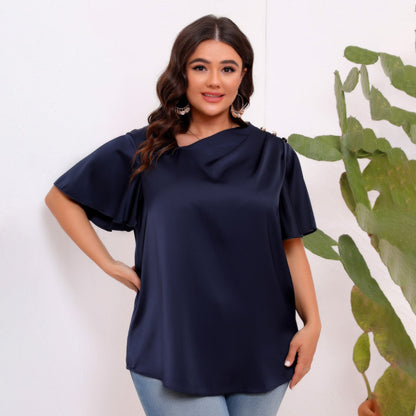 Women Casual Solid Color Satin Plus Size Pleated Ruffle Sleeve Blouse