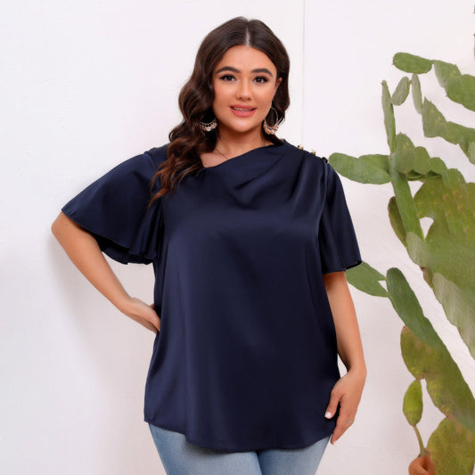 Women Casual Solid Color Satin Plus Size Pleated Ruffle Sleeve Blouse