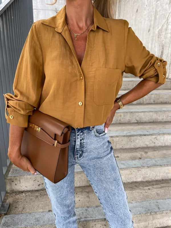 Women Simple Basic Casual Solid Color Sleeve V-Neck Button Lapel Blouse