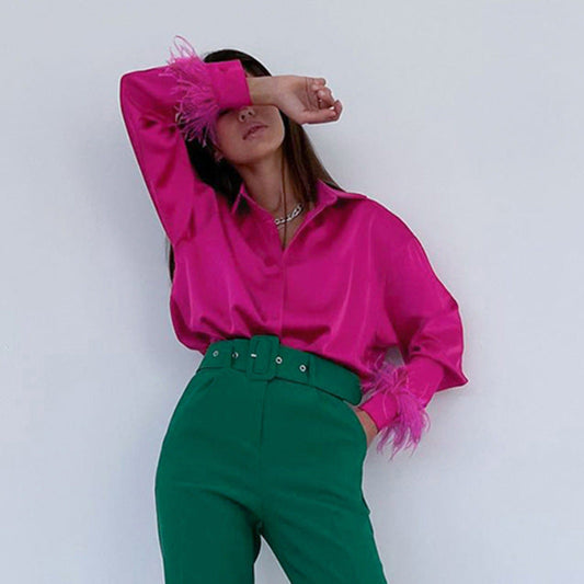 Women Fashion Casual Solid Color Ice Silk Feather Stitching Long Sleeve Lapel Single-Breasted Blouse