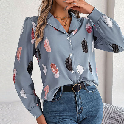 Women Fashion Casual Feather Print Long Sleeve Blouse