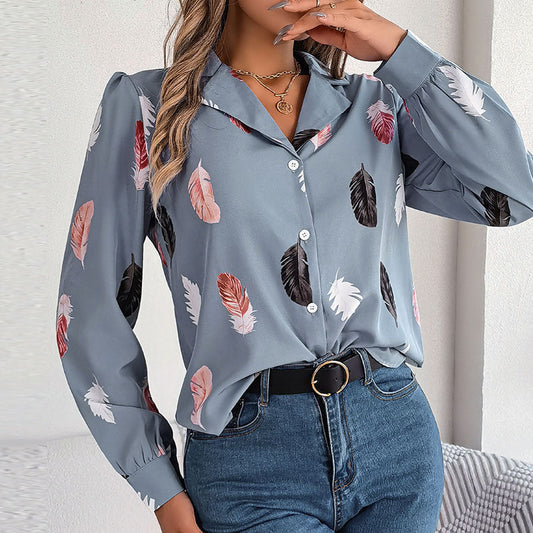 Women Fashion Casual Feather Print Long Sleeve Blouse