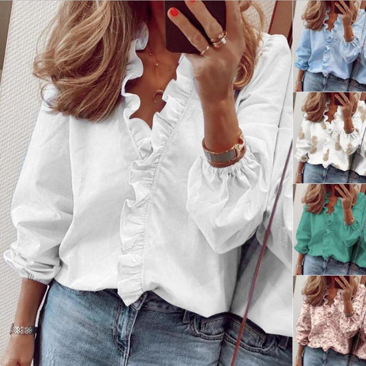Women Casual V Neck Lantern Sleeve Ruffled Blouse