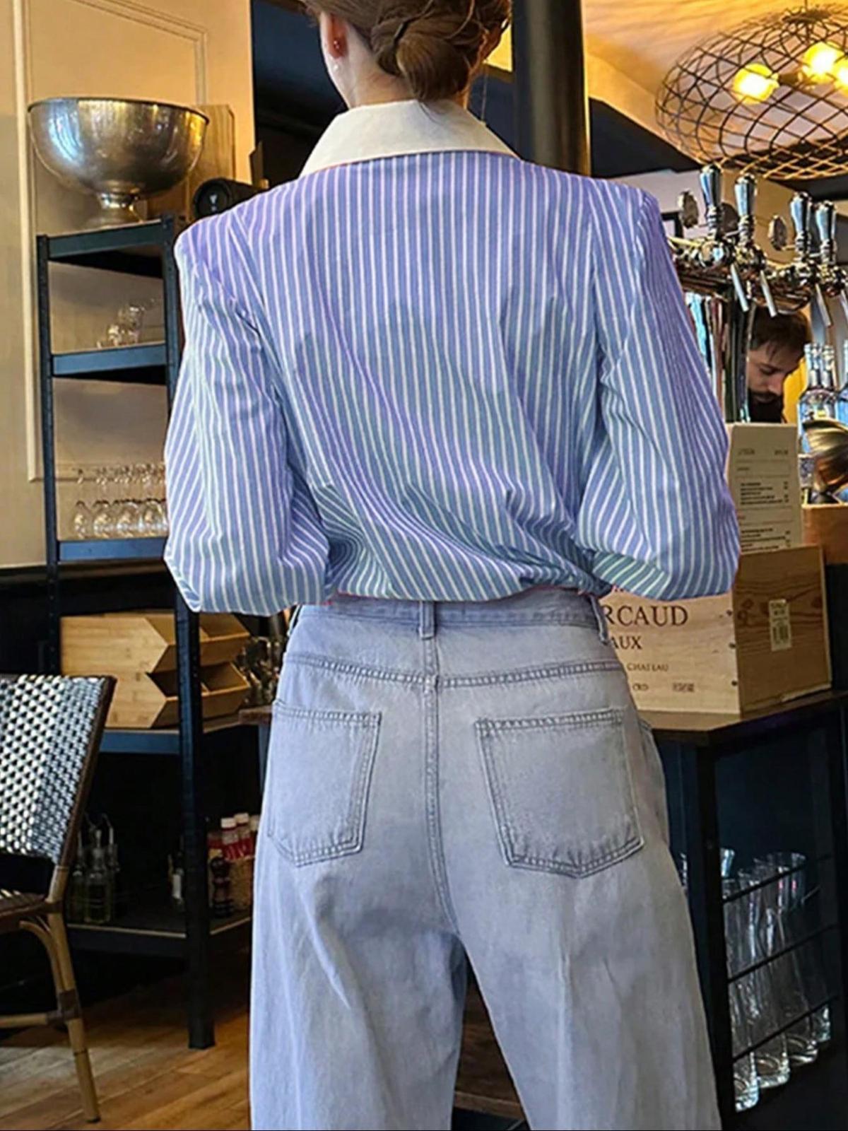 Women Fashion Casual Stripe Lapel Long-Sleeve Blouse