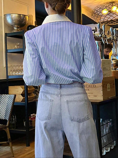 Women Fashion Casual Stripe Lapel Long-Sleeve Blouse