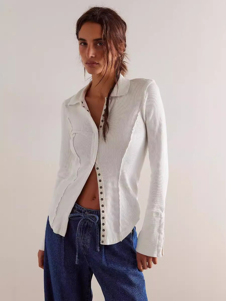 Women Fashion Casual Solid Color Long Sleeve Slim-Fit Lapel Single Breasted Blouse