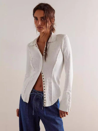 Women Fashion Casual Solid Color Long Sleeve Slim-Fit Lapel Single Breasted Blouse
