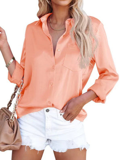 Women Fashion Casual Solid Color Lapel Long-Sleeve Blouse