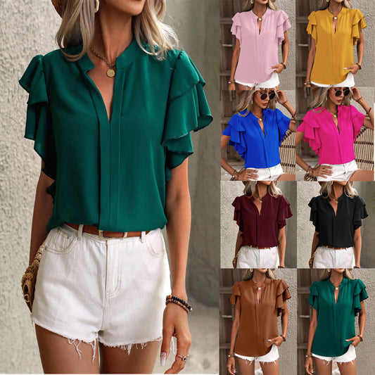 Women Casual Solid Color Summer V-Neck Double-Layer Lotus Leaf Sleeve Blouses