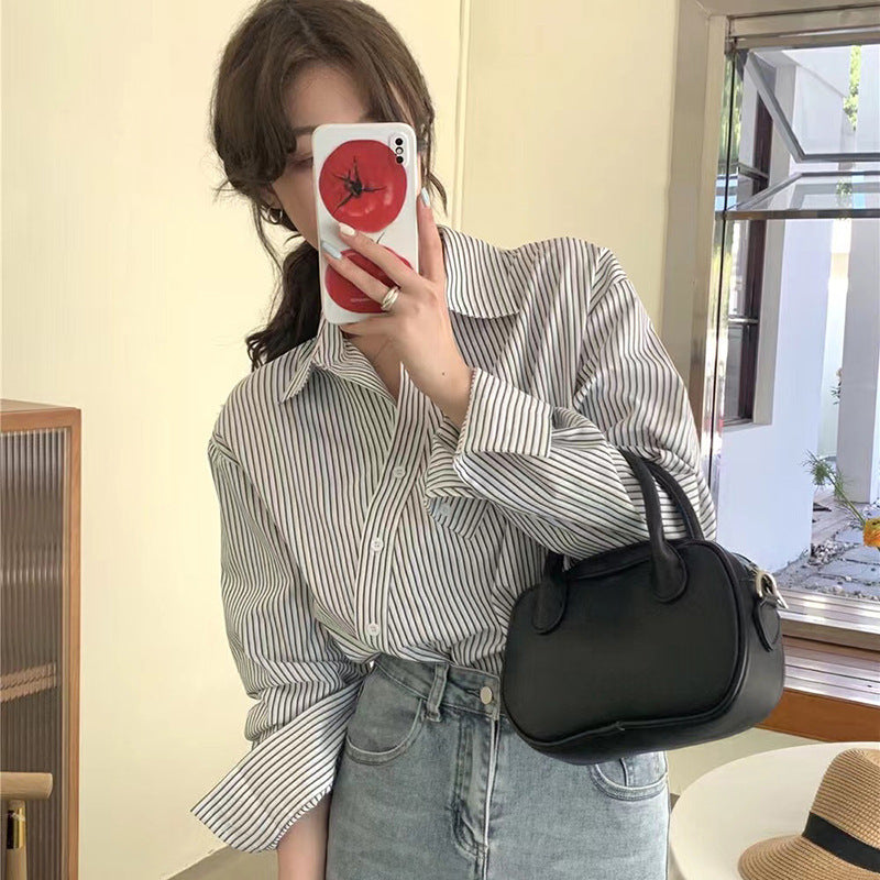 Women Fashion Casual Irregular Stripe Lapel Long-Sleeve Blouse