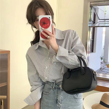 Women Fashion Casual Irregular Stripe Lapel Long-Sleeve Blouse
