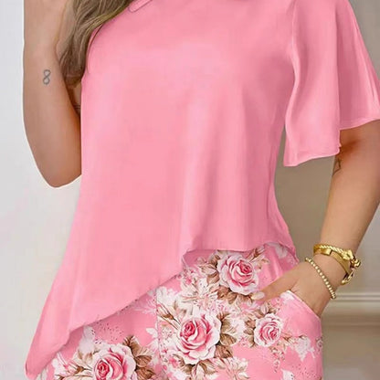 Fashion Casual Floral Print Shoet Irregular Short Sleeve Blouse Offic Chic Women Set