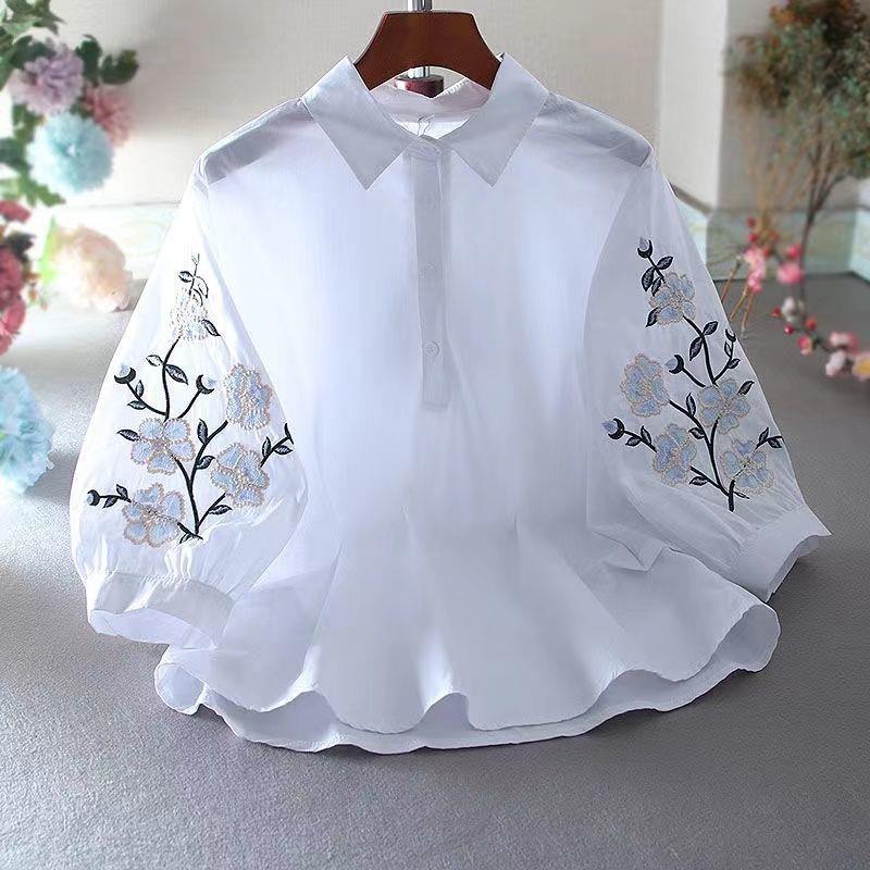 Women Fashion Casual Flower Embroidered Lapel Lantern Sleeve Loose Blouse