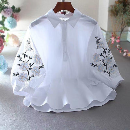 Women Fashion Casual Flower Embroidered Lapel Lantern Sleeve Loose Blouse