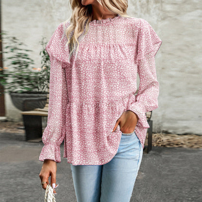 Women Fashion Casual Ruffled Long Sleeve Printing Blouse