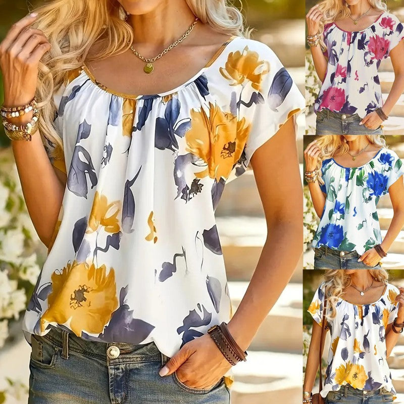 Women Summer Casual Floral Print Round Neck Short Sleeve Blouse