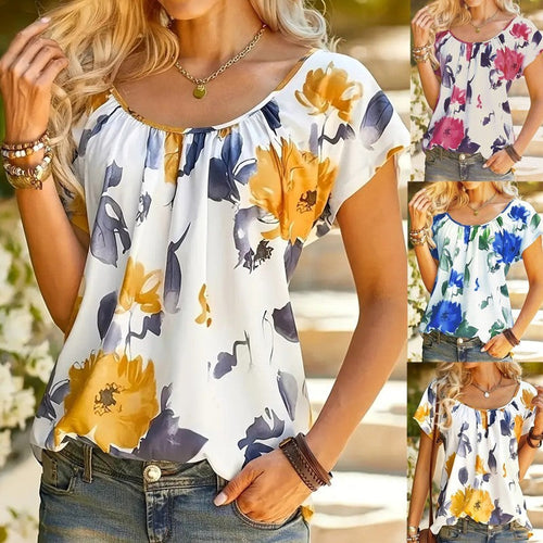 Women Summer Casual Floral Print Round Neck Short Sleeve Blouse