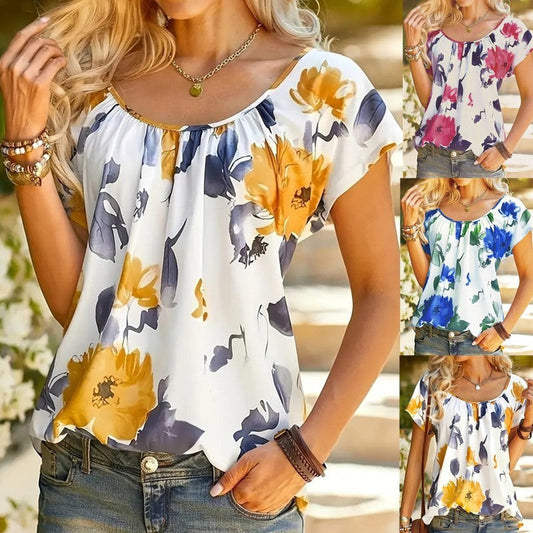 Women Summer Casual Floral Print Round Neck Short Sleeve Blouse