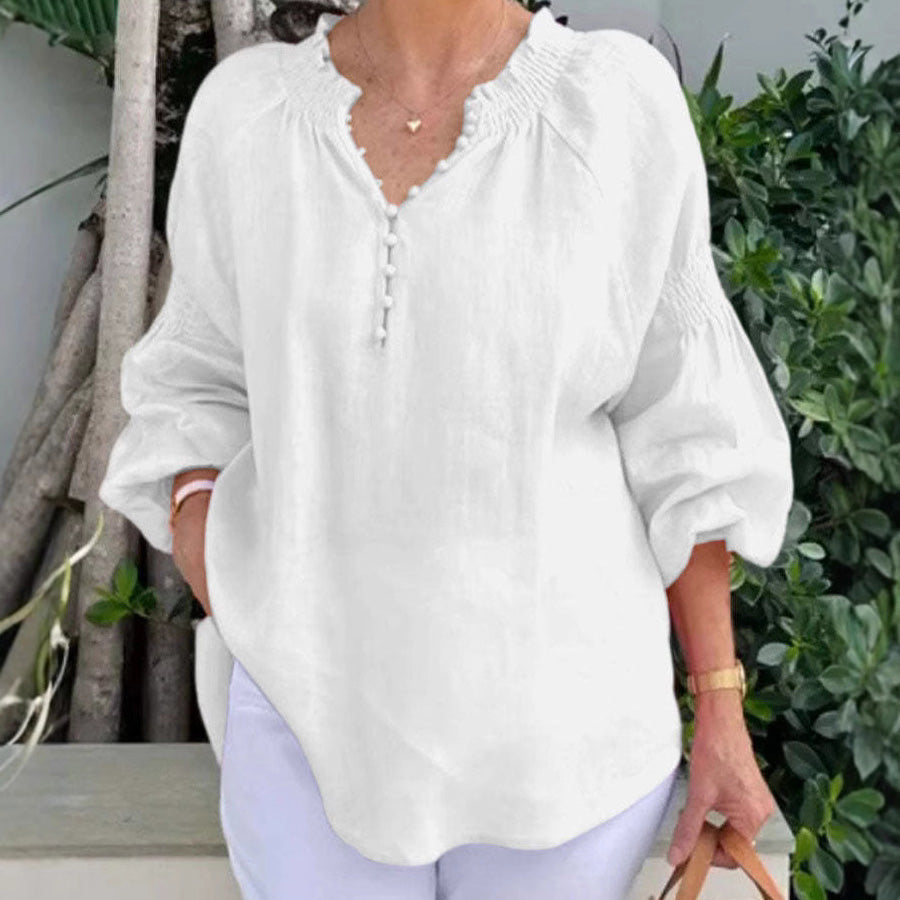 Women Fashion Casual Solid Color Cotton And Linen V-Neck Long Sleeve Blouse