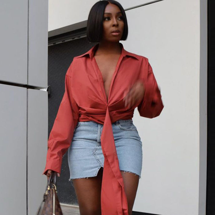 Women Fashion Solid Color Pleated Deep V-Zipper Casual Long Sleeve Blouse