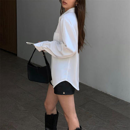 Women Fashion Casual Solid Color Satin Lapel Long-Sleeve Blouse
