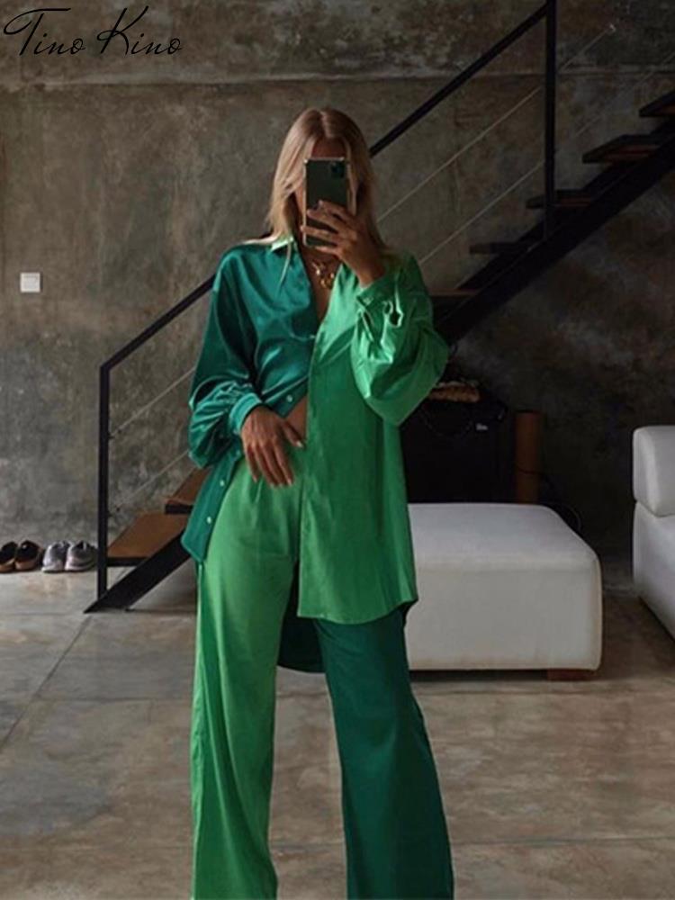 Women Patckwork Shirt Pant Two Piece Set Casual Long Sleeve Shirt Blouse High Waist Pant Suit
