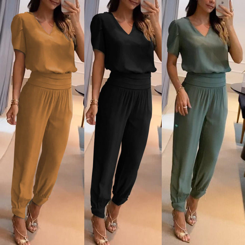 Women Fashion Casual V-Neck Color Blocking Printed Short-Sleeved V Neck Blouse Pants Two-Piece Set