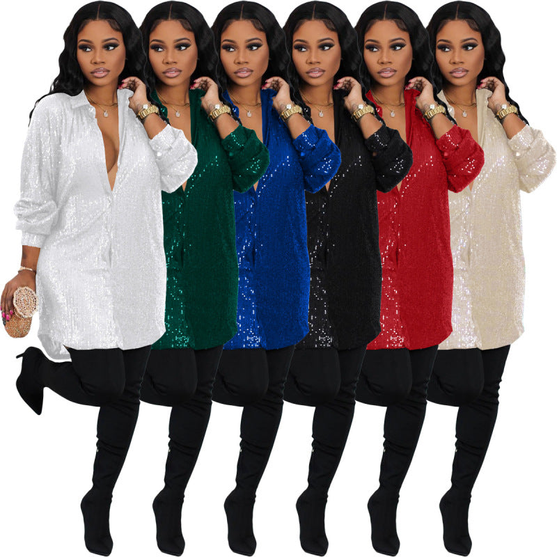 Women Fashion Casual Loose Solid Color Sequin Lapel Long Shirt Blouse