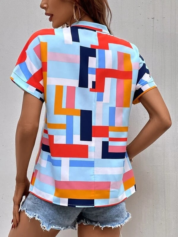 Women Fashion Plaid Print V-Neck Short-Sleeved Casual Blouses