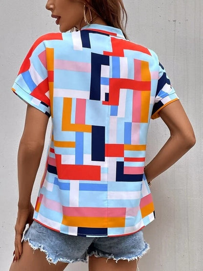 Women Fashion Plaid Print V-Neck Short-Sleeved Casual Blouses