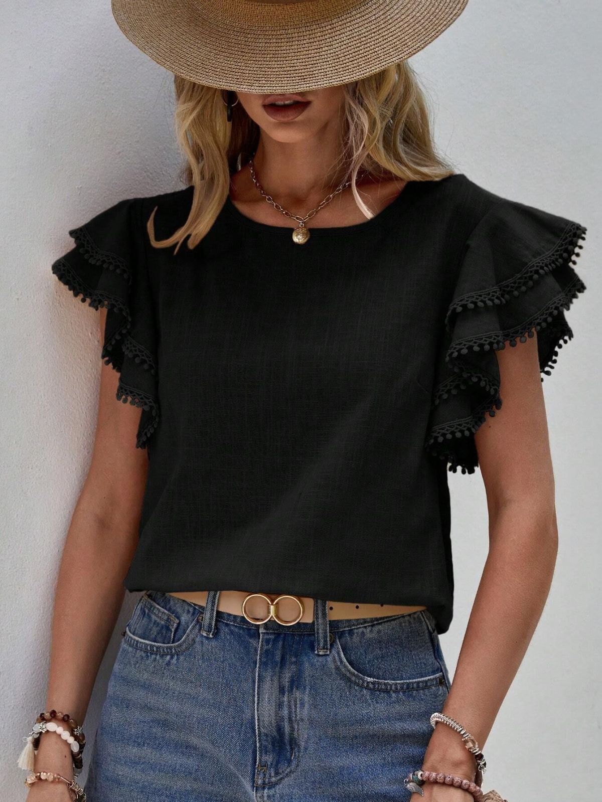 Women Casual Solid Color Round Neck Ruffle Blouses