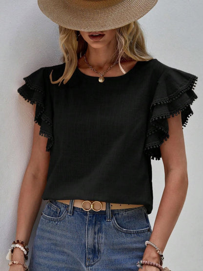 Women Casual Solid Color Round Neck Ruffle Blouses